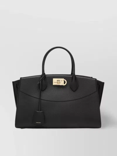 Ferragamo Black Handbag With Adjustable And Removable Shoulder Strap And Gancini Turn-lock Closure In Grained  In Black