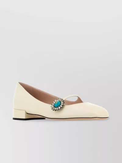 Valentino Embellished Square Toe Ballet Flats With Low Block Heel In Neutral