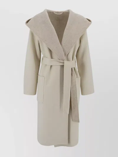 P.a.r.o.s.h Parosh Reversible Knee-length Wool Coat With Hood And Matching Belt In Neutral