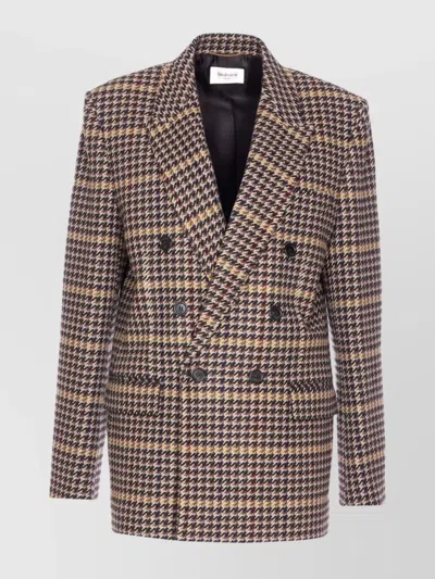 Saint Laurent Brown Double-breasted Jacket With Notched Revers And All-over Check Motif In Wool Woman