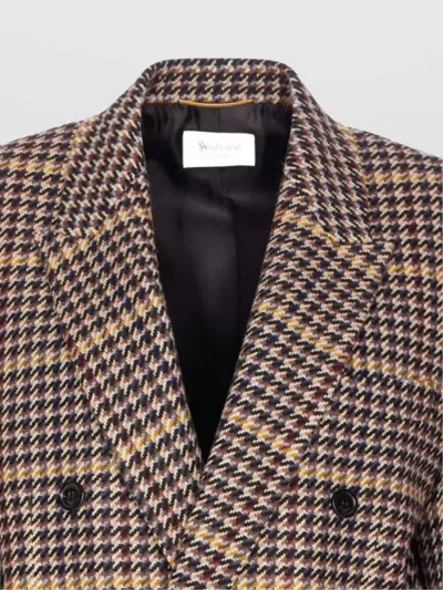 Saint Laurent Brown Double-breasted Jacket With Notched Revers And All-over Check Motif In Wool Woman