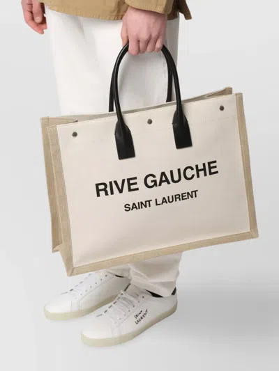 Saint Laurent Rectangular Canvas Tote Bag With Expandable Sides In Neutral