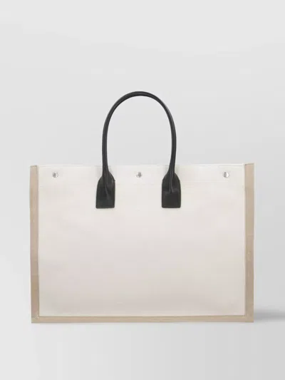 Saint Laurent Rectangular Canvas Tote Bag With Expandable Sides In Neutral