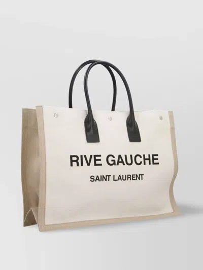 Saint Laurent Rectangular Canvas Tote Bag With Expandable Sides In Neutral
