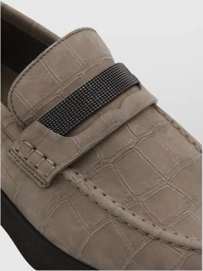 Brunello Cucinelli Crocodile Pattern Penny Strap Loafers In Neutral