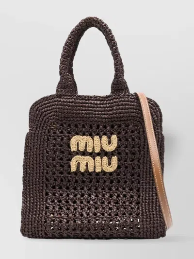 Miu Miu Woven Texture Tote Bag With Dual Handles In Brown
