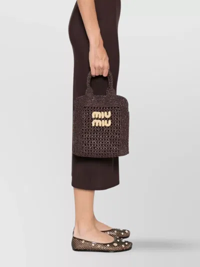 Miu Miu Woven Texture Tote Bag With Dual Handles In Brown
