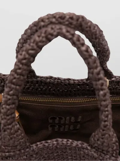 Miu Miu Woven Texture Tote Bag With Dual Handles In Brown