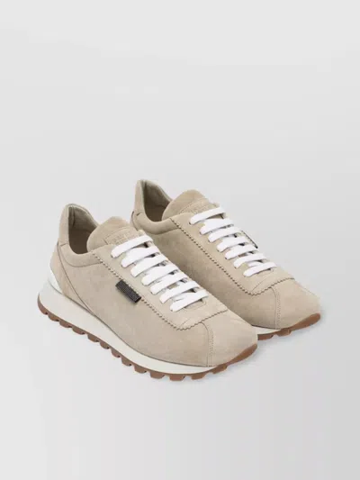 Brunello Cucinelli Suede Sneakers With Textured Platform Sole In Neutral