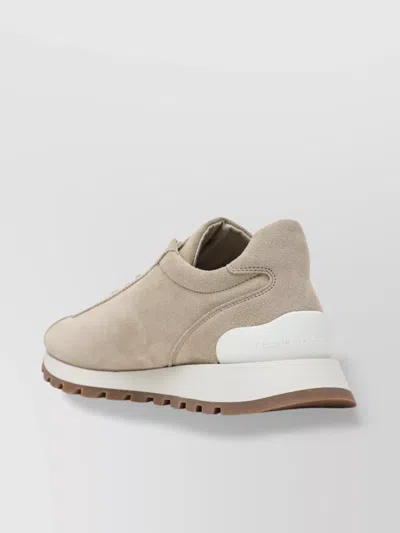 Brunello Cucinelli Suede Sneakers With Textured Platform Sole In Neutral