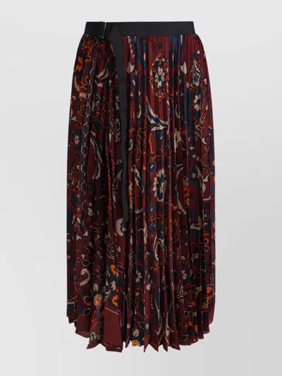 Sacai Pleated Floral Pattern Mid-length Skirt In Brown