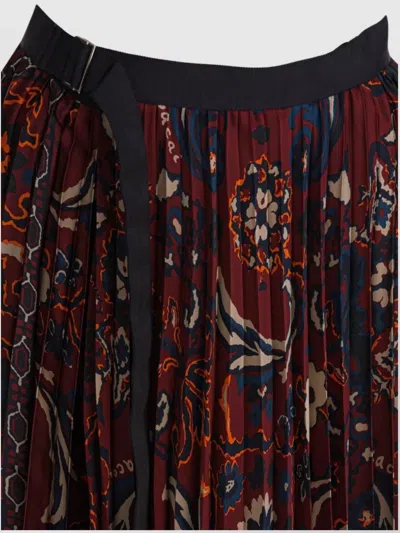 Sacai Pleated Floral Pattern Mid-length Skirt In Brown