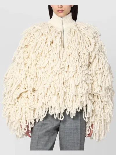 Stella Mccartney Wool Bomber Jacket With Fringes And High Neck In Neutral