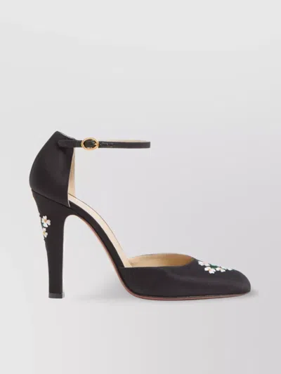 Valentino Floral Embroidered Round Toe Ankle Strap Pumps In Black
