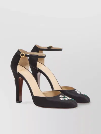 Valentino Floral Embroidered Round Toe Ankle Strap Pumps In Black
