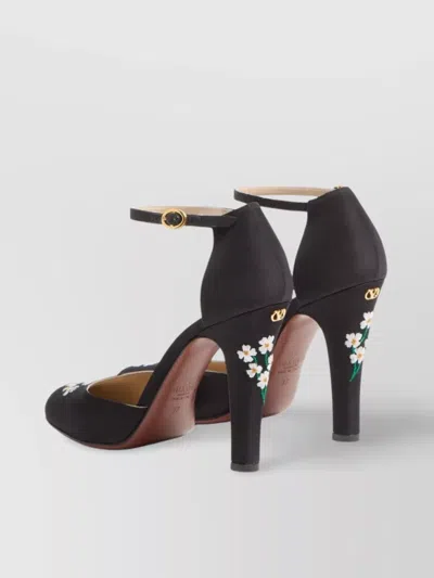 Valentino Floral Embroidered Round Toe Ankle Strap Pumps In Black