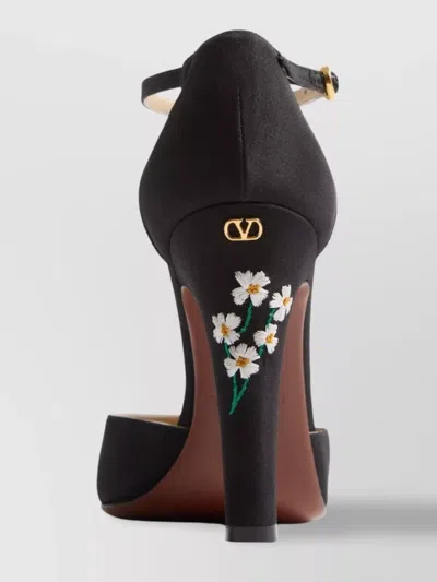 Valentino Floral Embroidered Round Toe Ankle Strap Pumps In Black