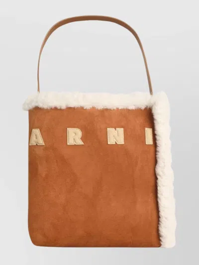 Marni Suede Bag With Shearling Trim And Single Handle In Brown