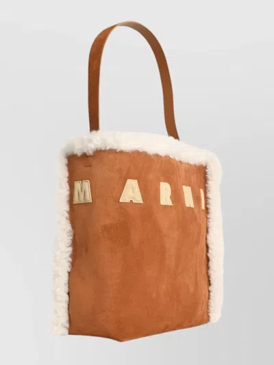 Marni Suede Bag With Shearling Trim And Single Handle In Brown