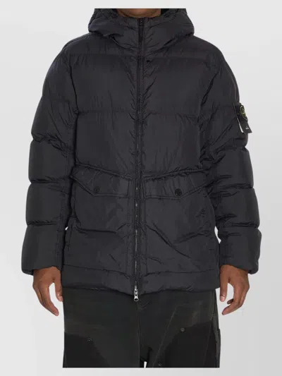 Stone Island Blue Down Jacket With Drawstring Hood And Logo Patch On The Sleeve In Tech Fabric Man In Gray