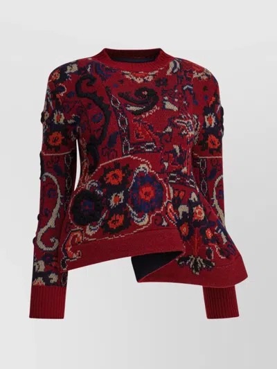 Sacai Womens Bordeaux Floral Wavy-hem Wool Jumper In Red
