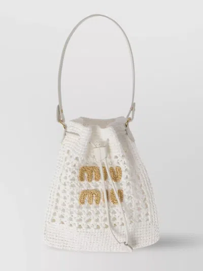 Miu Miu Woven Crochet Raffia Bucket Bag In White