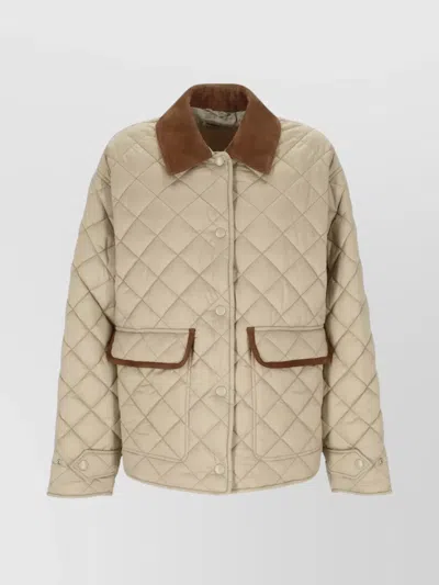 Miu Miu Quilted Jacket With Suede Collar And Pockets In Neutral