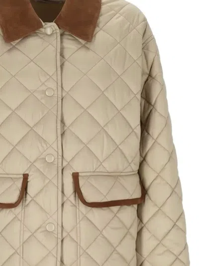 Miu Miu Quilted Jacket With Suede Collar And Pockets In Neutral