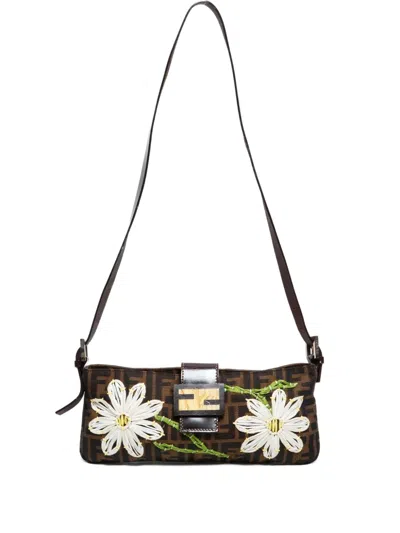 Pre-owned Fendi 2000-2015 Mamma Flower Zucca Shoulder Bag In Brown