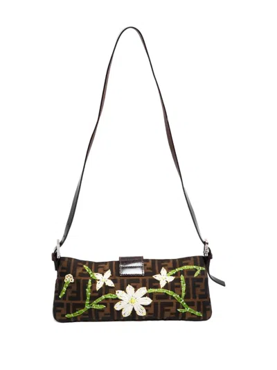 Pre-owned Fendi 2000-2015 Mamma Flower Zucca Shoulder Bag In Brown