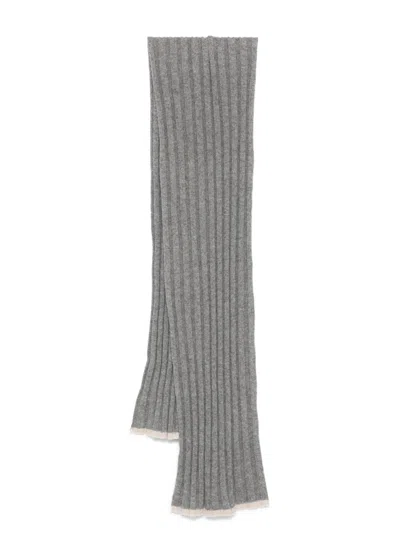 Brunello Cucinelli Ribbed Rectangular Wallet Scarf With Contrasting Edge In Gray