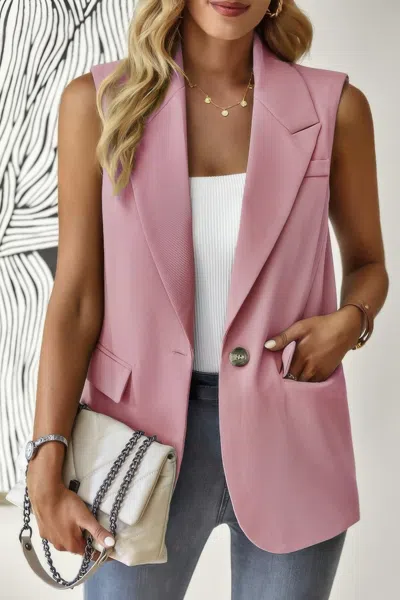 Truedames Sleeveless Solid Pockerts Button Front Open Suit In Pink