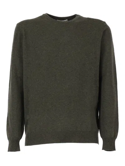 Kangra Cashmere Basic Crew Neck Sweater With Alcantara Patches In Green