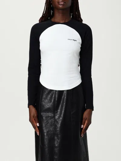 Courrèges Long-sleeved Contrast T-shirt With Rounded Hem And Logo Print In White