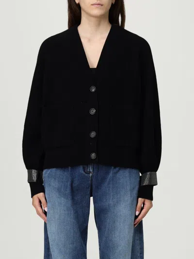 Brunello Cucinelli Ribbed Texture Cardigan With Contrasting Cuffs In Black