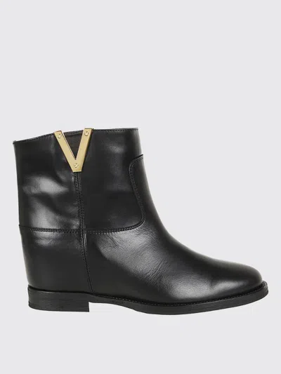 Via Roma 15 Black Leather Ankle Boot With Golden "v" Detail In Black