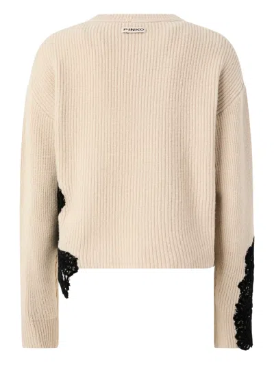 Pinko Beige Crewneck Sweater With Lace Embroidery And Logo Patch On The Rear In Wool Blend Woman In Neutral