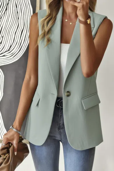 Truedames Sleeveless Solid Pockerts Button Front Open Suit In Green