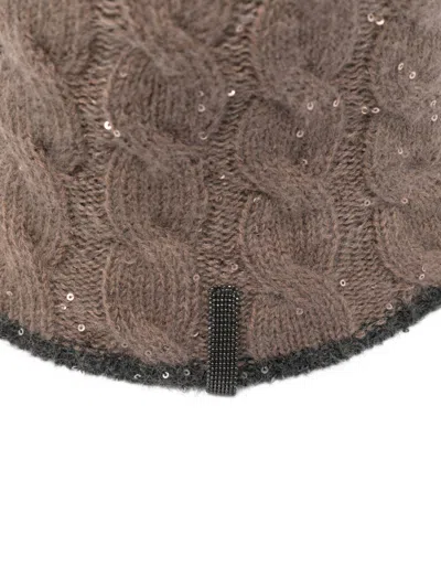 Brunello Cucinelli Textured Knit Cloche Hat Sequined Embellishments In Brown