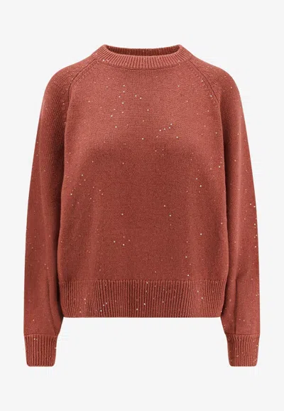 Brunello Cucinelli Cashmere Silk Crew-neck Sweater Featuring Sequins In Burgundy