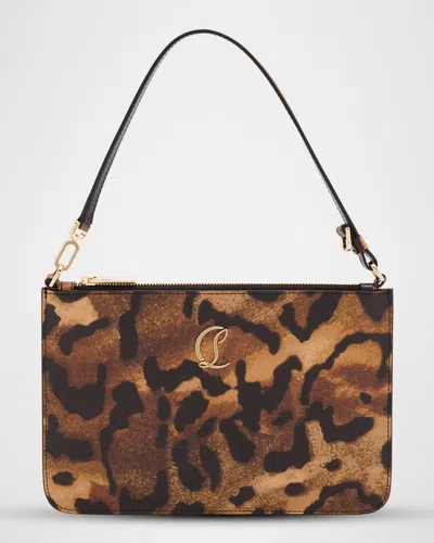 Christian Louboutin Loubi54 Flat Pouch Bag In Bengal-print Leather In Brown