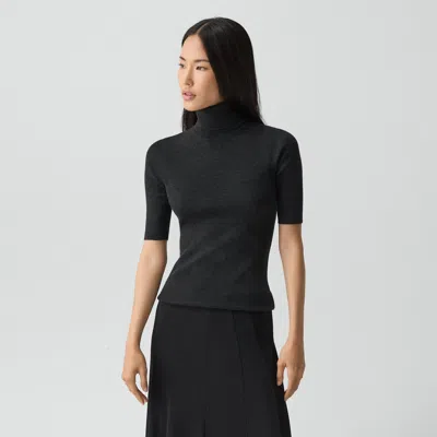 Theory Leenda Regal Merino Wool Short-sleeve Mock-neck Top In Black
