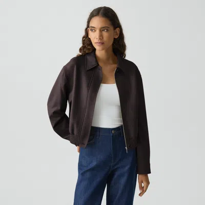 Theory Cropped Track Jacket In Wool-blend Flannel In Brown