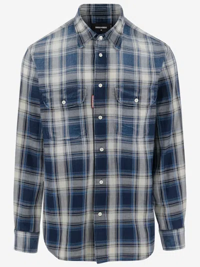 Dsquared2 Checked Pattern Shirt With Pockets And Collar In Blue