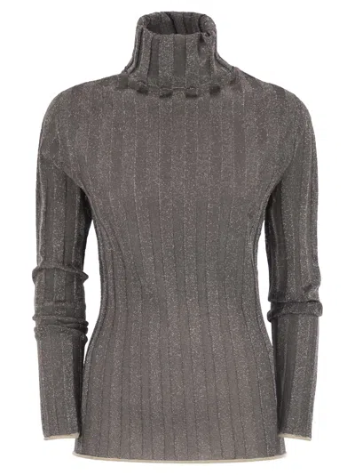 Fabiana Filippi Ribbed Turtleneck Sweater With Lurex Trim In Gray