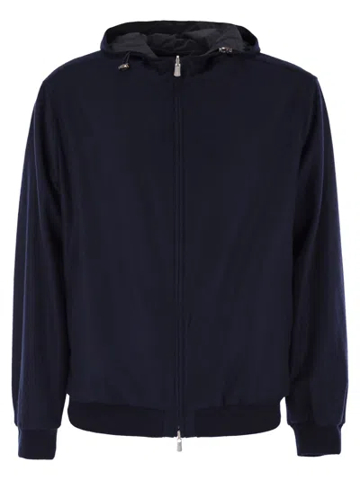 Fedeli Reversible Bomber Jacket With Hood In Cashmere Flannel And Airstop In Blue