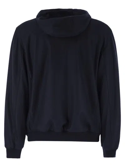 Fedeli Reversible Bomber Jacket With Hood In Cashmere Flannel And Airstop In Blue