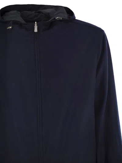 Fedeli Reversible Bomber Jacket With Hood In Cashmere Flannel And Airstop In Blue