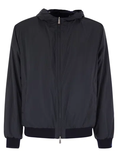 Fedeli Reversible Bomber Jacket With Hood In Cashmere Flannel And Airstop In Blue