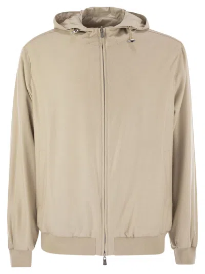 Fedeli Reversible Bomber Jacket With Hood In Cashmere Flannel And Airstop In Neutral